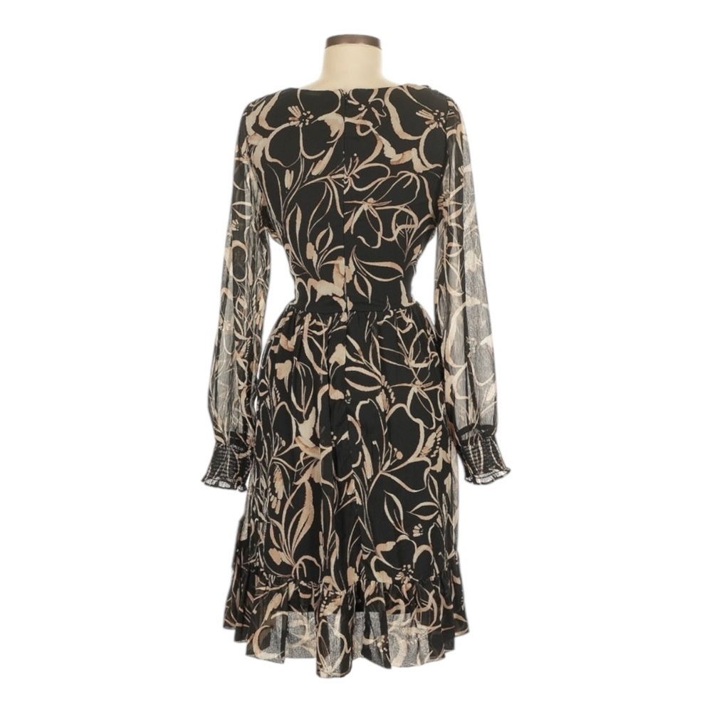DKNY Printed Chiffon Long Sleeve A-Line Dress Black Beige Floral NWT 4 MSRP $139 - Picture 3 of 9